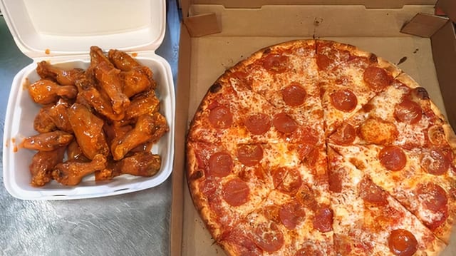 Large Plain Pizza, 10 Pieces Buffalo Wings & a 2 Liter Soda.