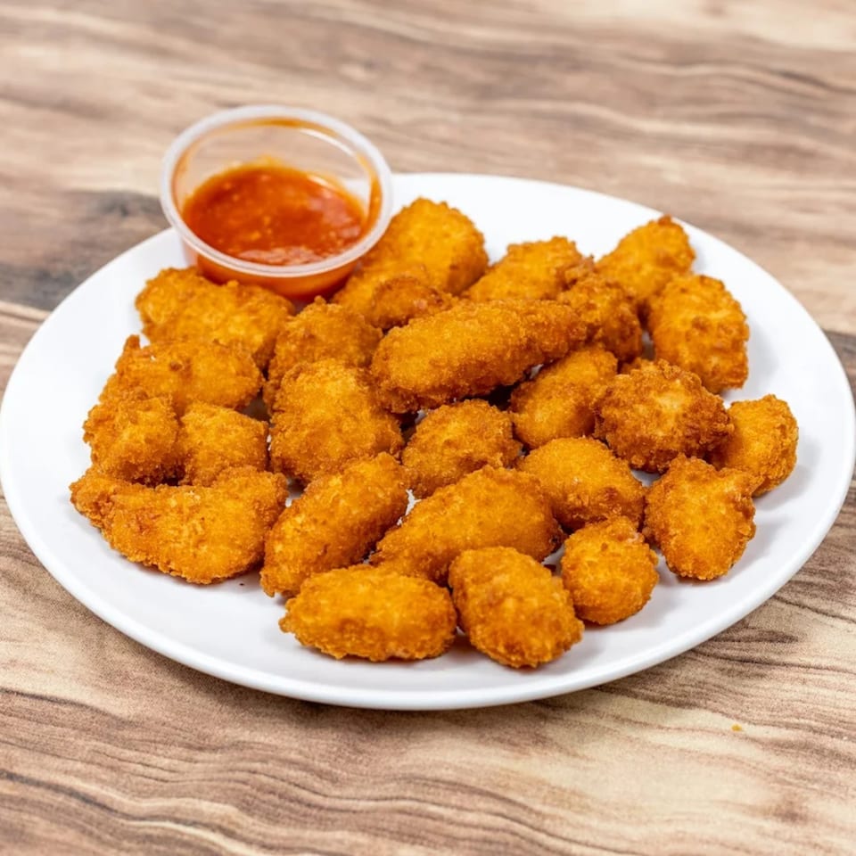 A white plate filled with golden-brown fried chicken nuggets and a side of red dipping sauce.